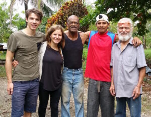 Wwoofers Anna and Balint from Europe with Mac, Jose and Julio